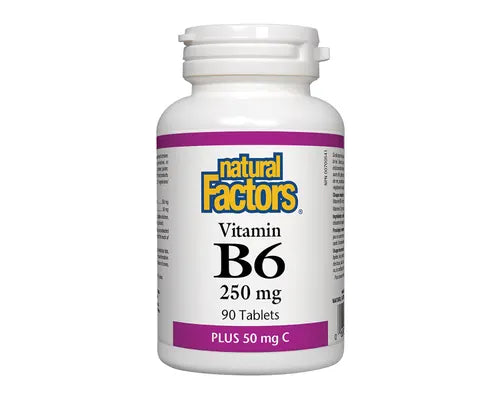 Natural Factors Vitamin B6 250mg Plus C 50mg 90 Tablets - Vegan, Non-GMO, Helps with Kidney Health, Nausea, Stress Support, Immune Support and Cartilage