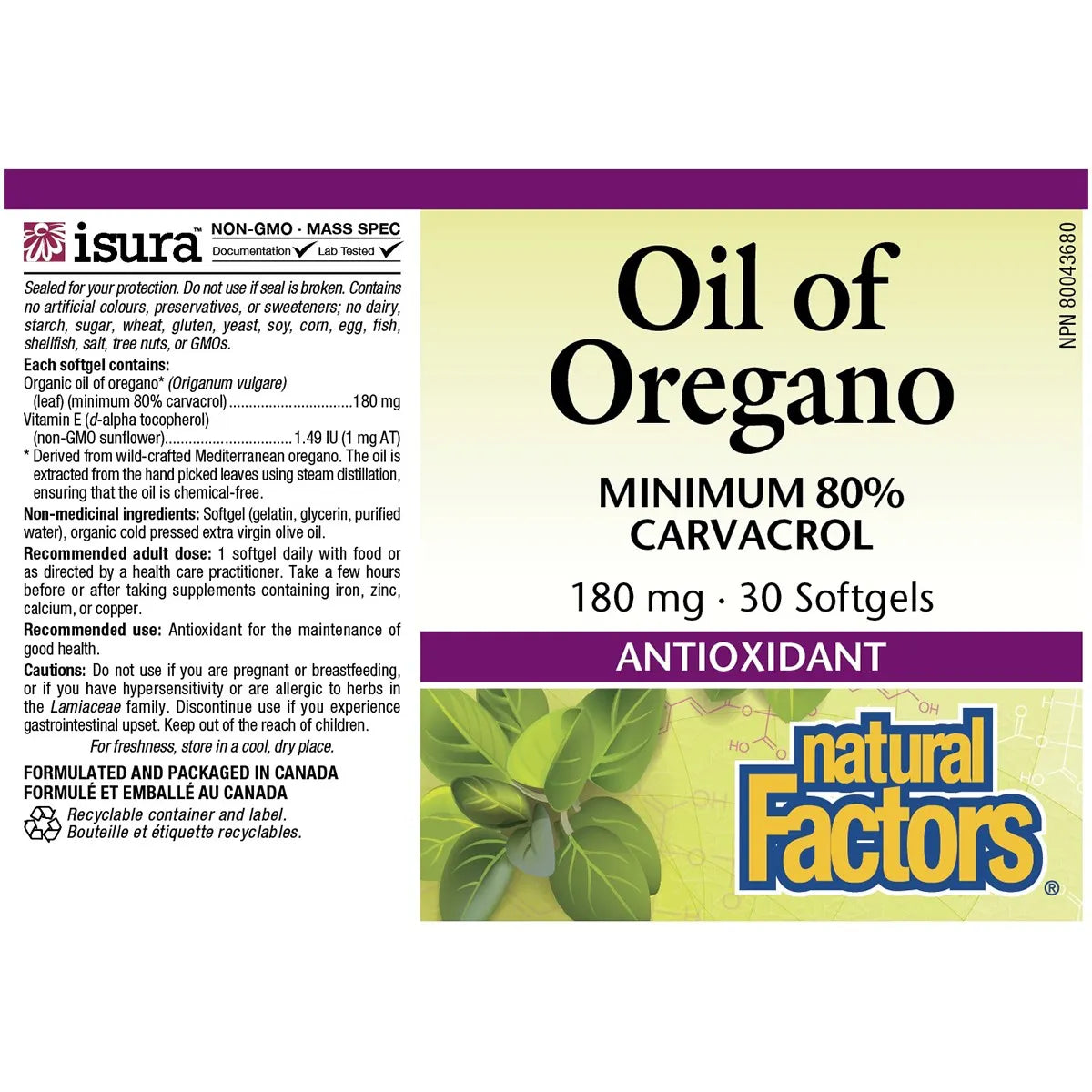 Oil Of Oregano 180mg 30 softgels Natural Factors