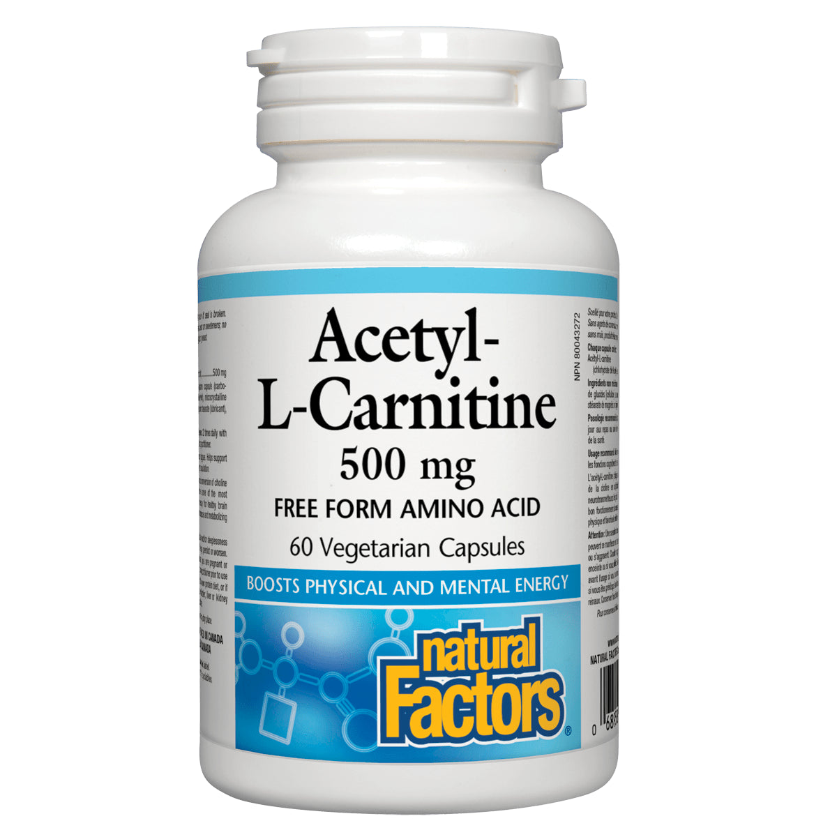 Natural Factors Acetyl-L-Carnitine 500mg 60 Veggie Caps - Vegan, Non-GMO, Helps with Energy Support, Heart and Cardiovascular Health