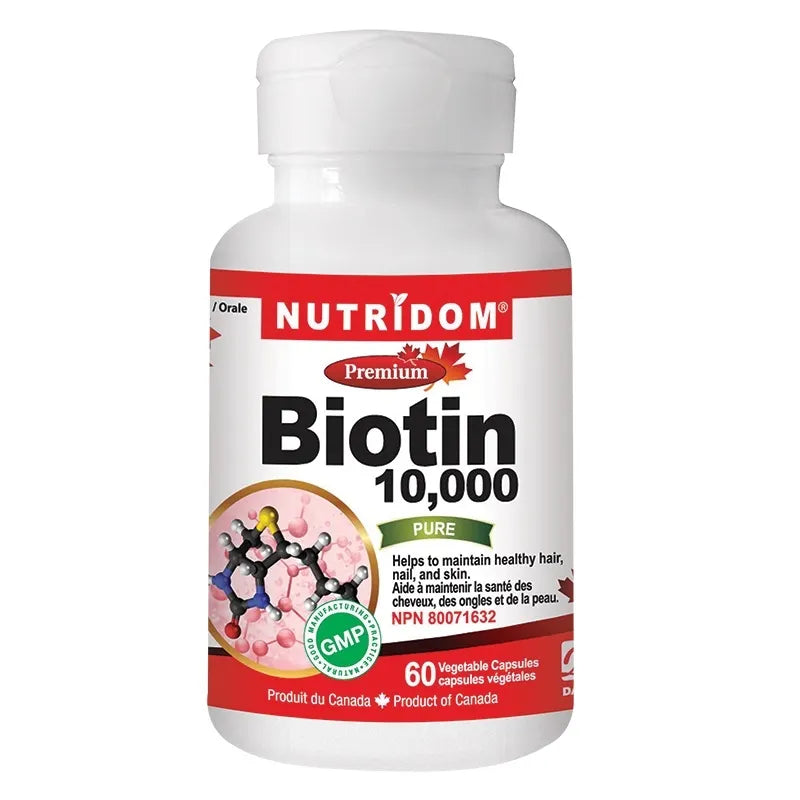 Nutridom Biotin 10000mcg 60 Veggie Caps - Canadian Owned, Helps with Nails and Digestive Health