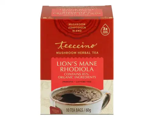 Teeccino Mushroom Prebiotic Herbal Tea Lions Mane Rhodiola 10 Tea Bags - Gluten Free and Caffeine Free
