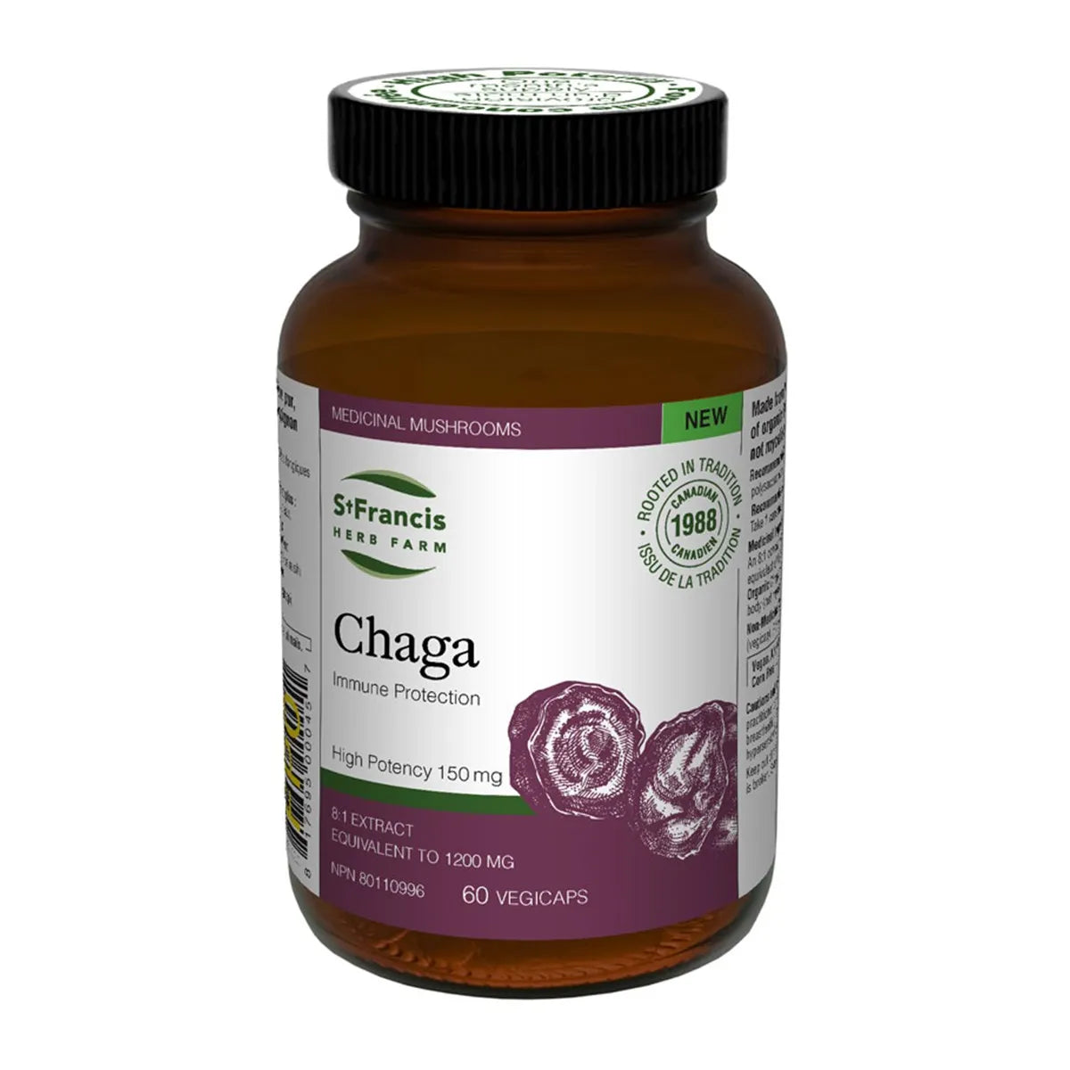 St. Francis Chaga Mushroom 8:1 Extract 60 Veggie Caps - Vegan and Soy Free