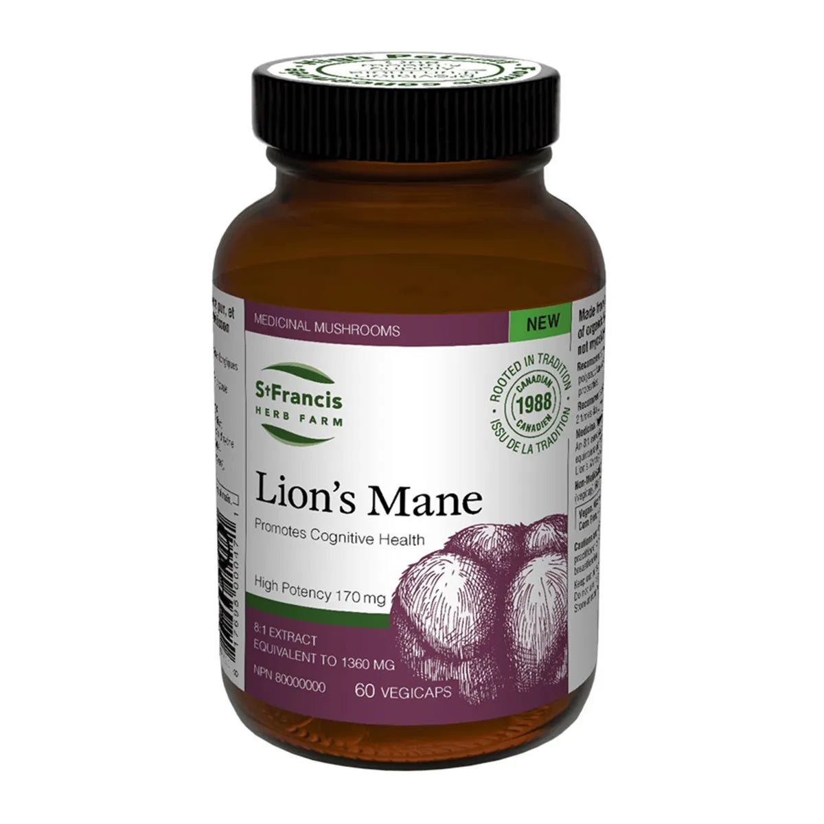 St. Francis Lions Mane Mushroom 8:1 Extract 60 Veggie Caps - Vegan and Soy Free