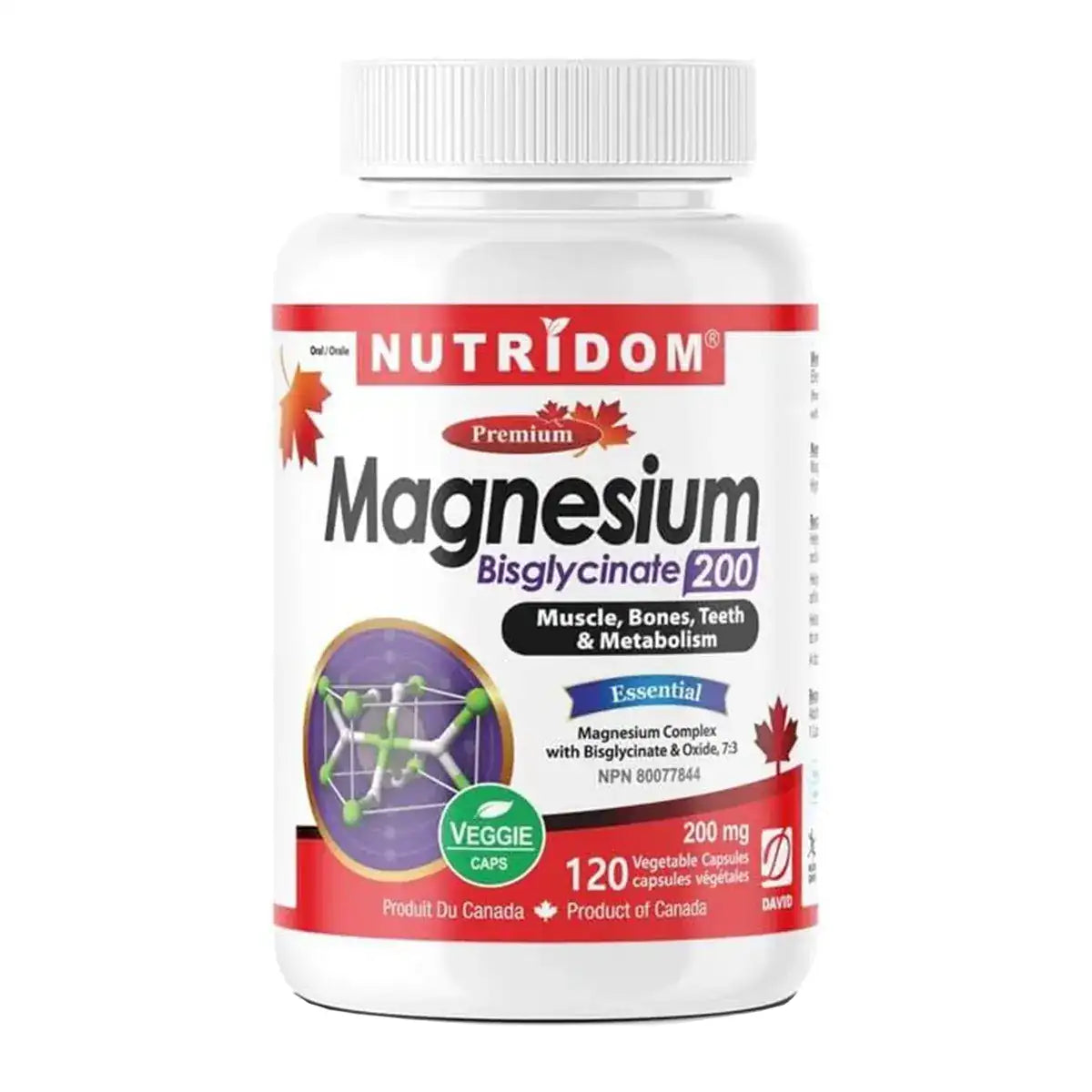 Nutridom Magnesium Bisglycinate 200 120 Veggie Caps - Vegan, Non-GMO, Helps with Energy Support