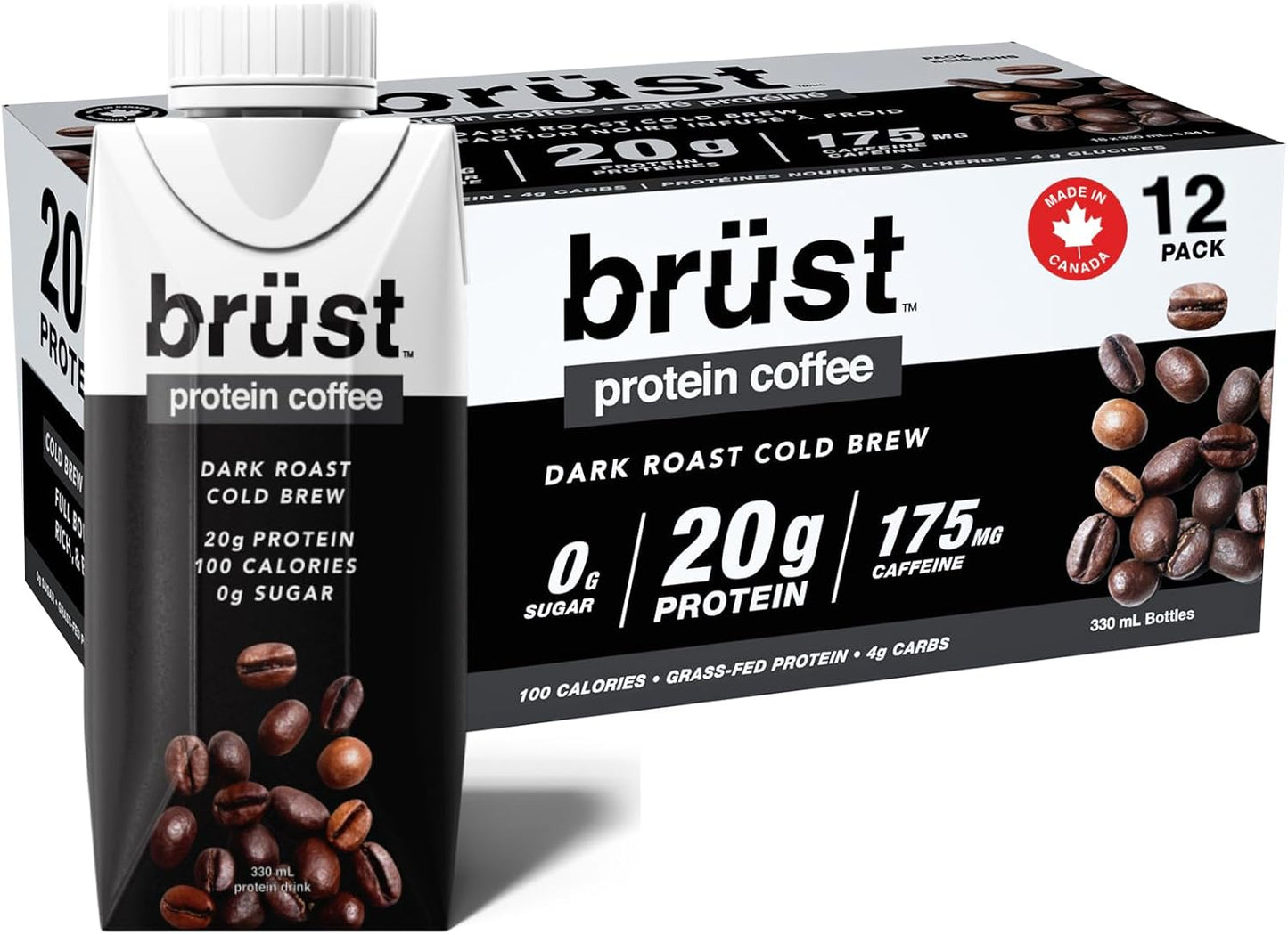 BRÜST PROTEIN COFFEE DARK ROAST - UNSWEETENED - 12 Pack (20g Protein, 175mg Caffeine, 100 Calories) Full Bodied, Rich, and Black, 330mL, Brust Cold Brew Iced