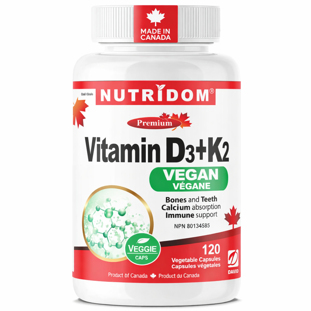 Nutridom Vitamin D3+K2 Vegan | Sourced from Lichens & Natto | Made In Canada | 120 Vcaps