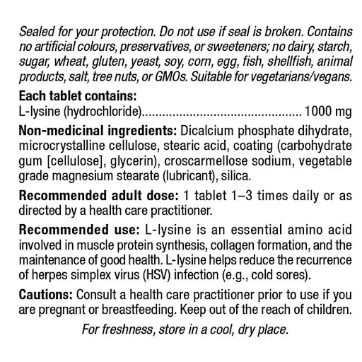 L- Lysine 1000mg 60 Tab Cold Sore Relief Natural Factors