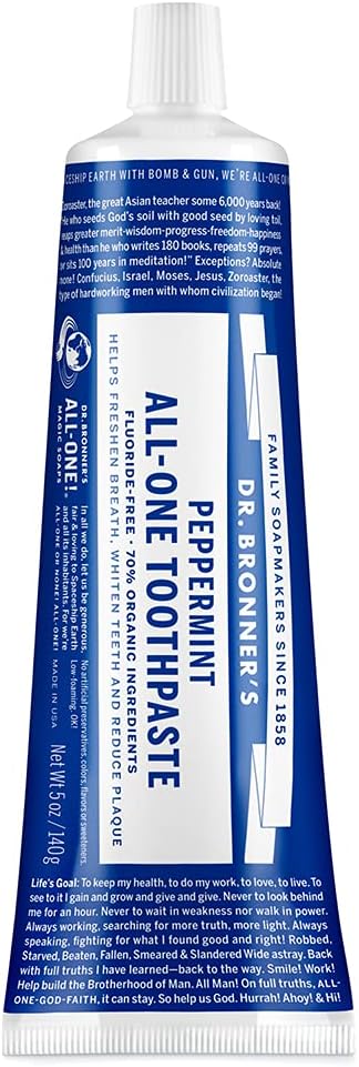 Dr. Bronner's - Peppermint All-One Toothpaste, 105ml - Helps Freshen Breath, Whiten Teeth, Soothe Gums and Reduce Plaque - Vegan & Cruelty-Free, Fluoride Free with Organic Oils