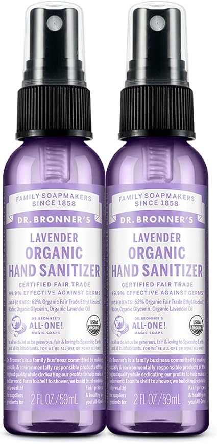 Dr. Bronner's - Organic Hand Sanitizer Spray (Lavender, 59 mL, 2-Pack) - Simple and Effective Formula, Cleanses & Sanitizes, No Harsh Chemicals, Moisturizes and Cleans Hands