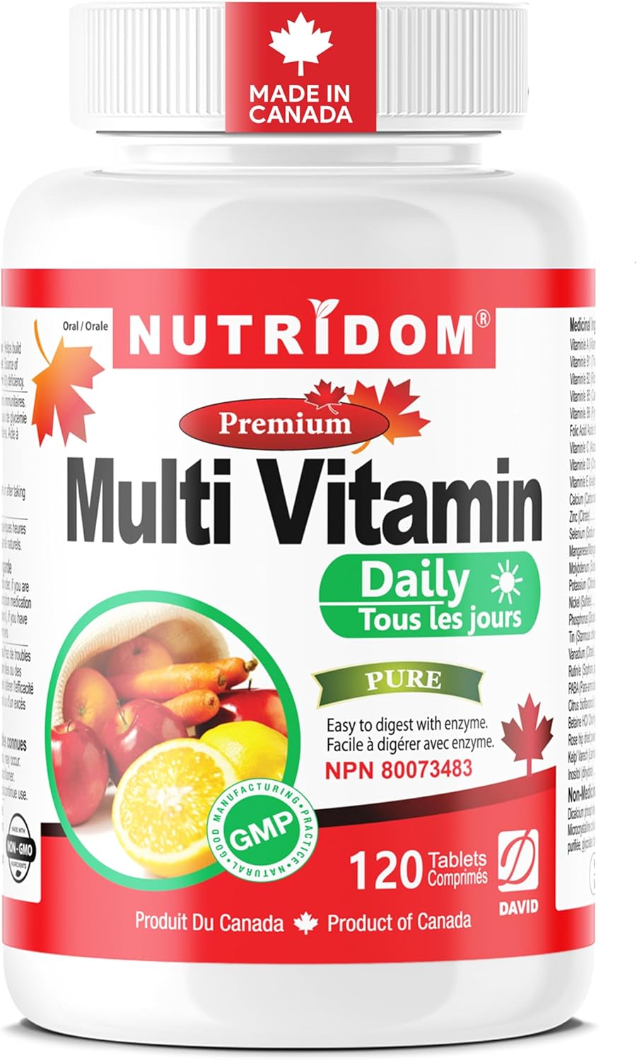 Nutridom Daily Multivitamin, 120 Tablets, Supplement with Vitamin A, Vitamin C, Vitamin D, Vitamin E and Zinc for Immune Health Support, B12, Calcium & more, Easy to digest with enzyme, Made in Canada Non-GMO by Nutridom