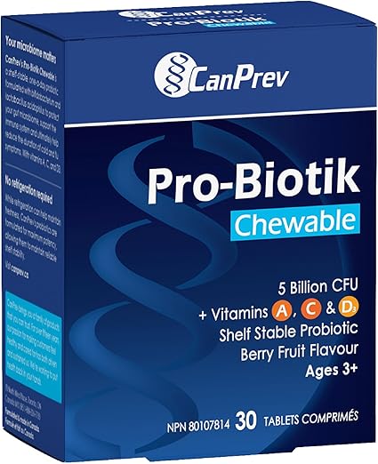 Canprev Pro-Biotik, 30 Chewable Tablets 30-Day Supply, Berry Flavor - Probiotic Supplement for Kids with 5 Billion CFU & Vitamins A, C & D3 - Ideal for Children Ages 3+, Supports Strong Bones & Teeth
