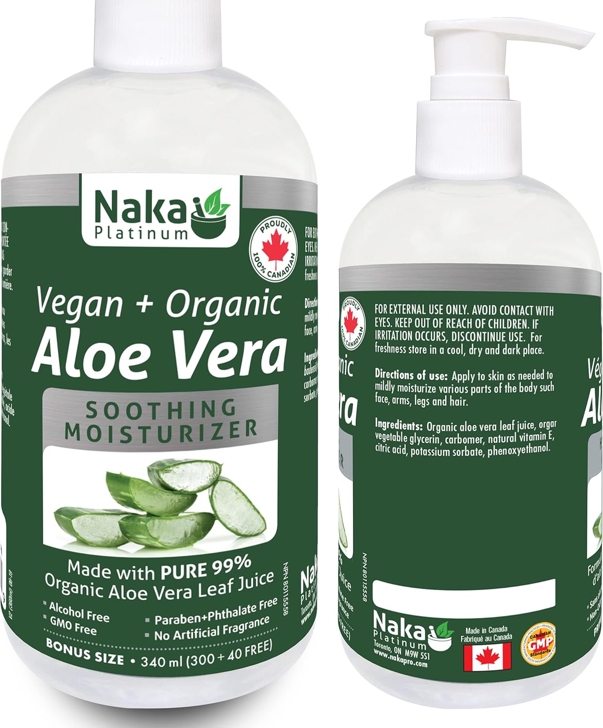 ORGANIC Aloe Vera, Vegan + Soothing Moisturizer, 99% PURE, Cold Pressed, Made in Canada (340ml)