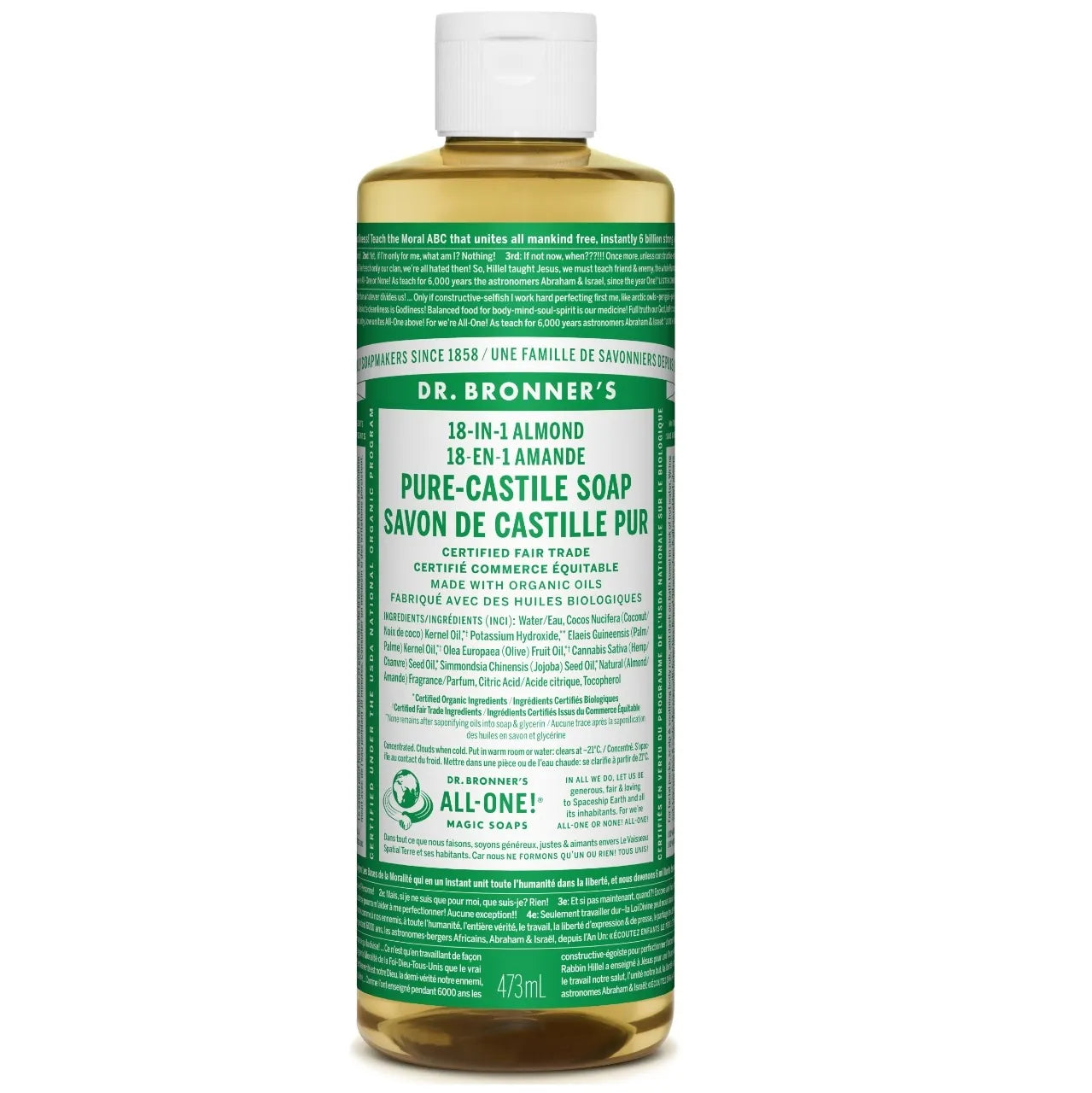 Dr. Bronners 18-In-1 Pure-Castile Soap Almond 473mL - Fair Trade and Cruelty Free