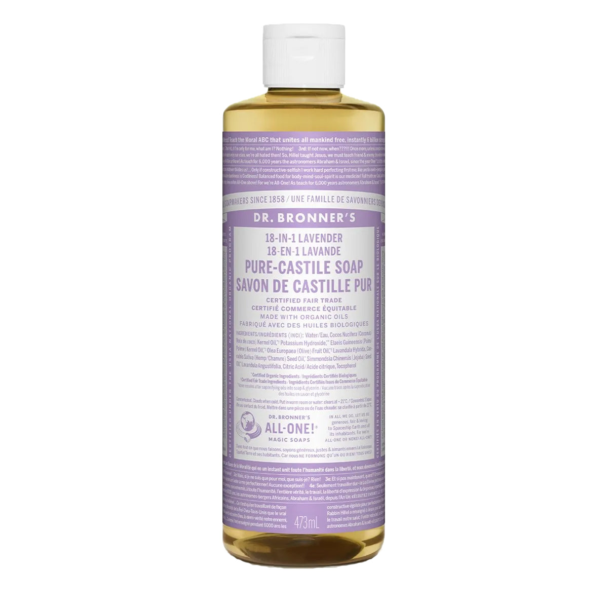 Dr. Bronners 18-In-1 Pure-Castile Liquid Soap Lavender 473mL - Vegan and Non-GMO