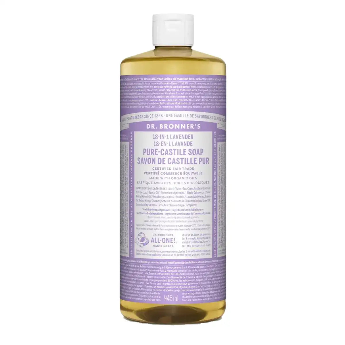 Dr. Bronners 18-In-1 Pure-Castile Liquid Soap Lavender 946mL - Fair Trade and Organic