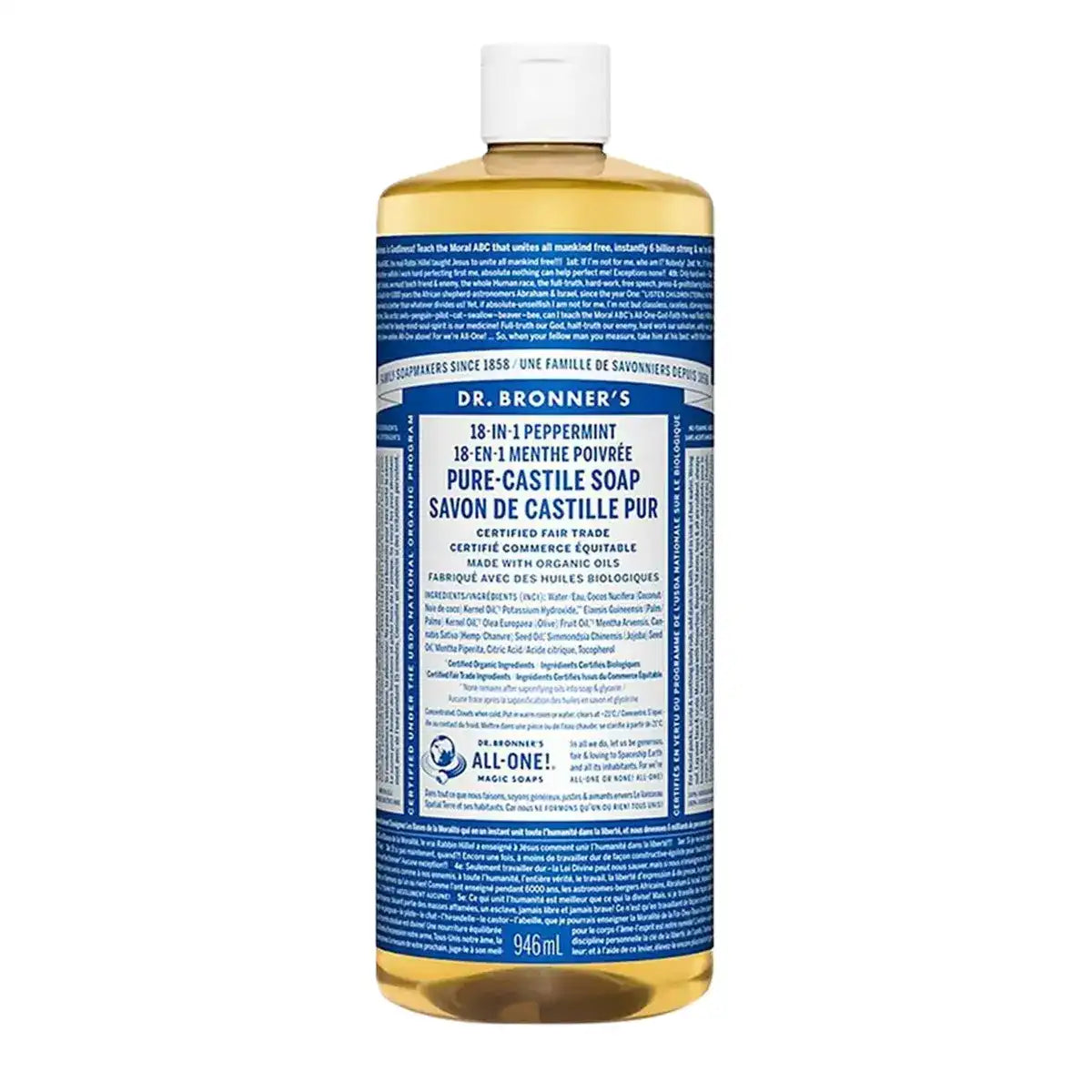 Dr. Bronners 18-In-1 Pure-Castile Liquid Soap Peppermint 946mL - Fair Trade and Organic