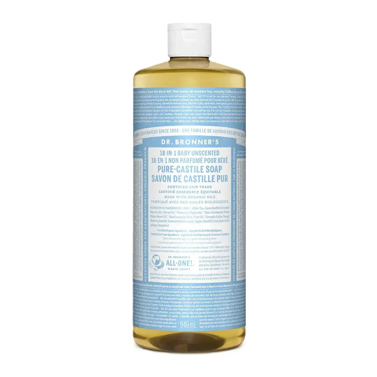 Dr. Bronners 18-In-1 Pure-Castile Soap Baby Unscented 946mL - Fair Trade and Fragrance Free