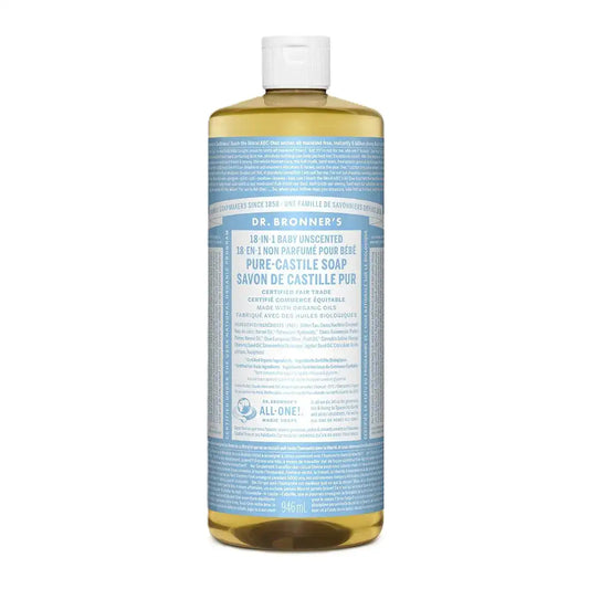 Dr. Bronners 18-In-1 Pure-Castile Soap Baby Unscented 946mL - Fair Trade and Fragrance Free