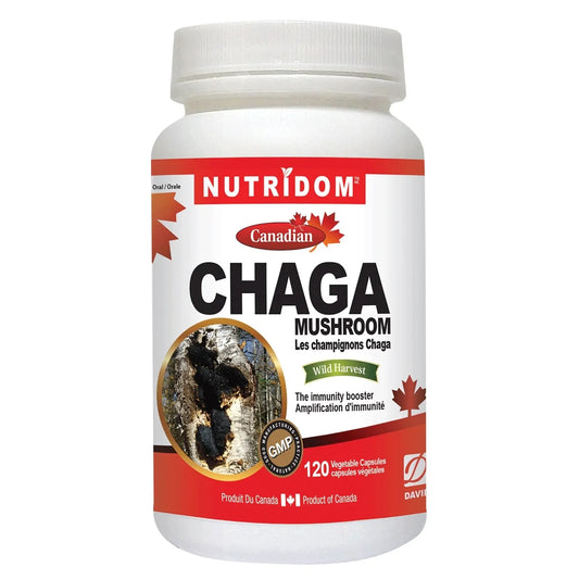 Nutridom Chaga Mushroom 120 Veggie Caps - Canadian Owned, Non-GMO, Helps with Stress Support, Immune Support and Cold, Flu