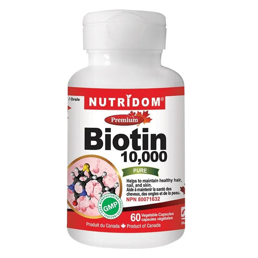 Nutridom Biotin 10000mcg 60 Veggie Caps - Canadian Owned, Helps with Nails and Digestive Health