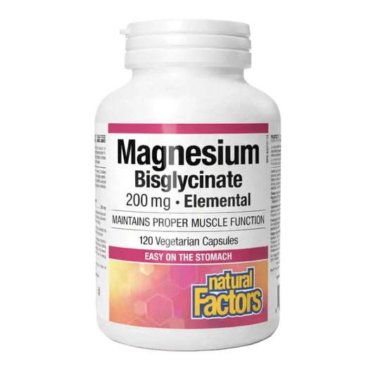Natural Factors Magnesium Bisglycinate Pure 200mg 120 Veggie Caps - Corn Free, Egg Free, Helps with Energy Support, Heart, Cardiovascular Health and Digestive Health