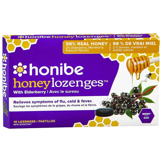 Honibe Honey Lozenges Elderberry 10 Lozenges - Gluten Free, Canadian Owned, Helps with Cold, Flu
