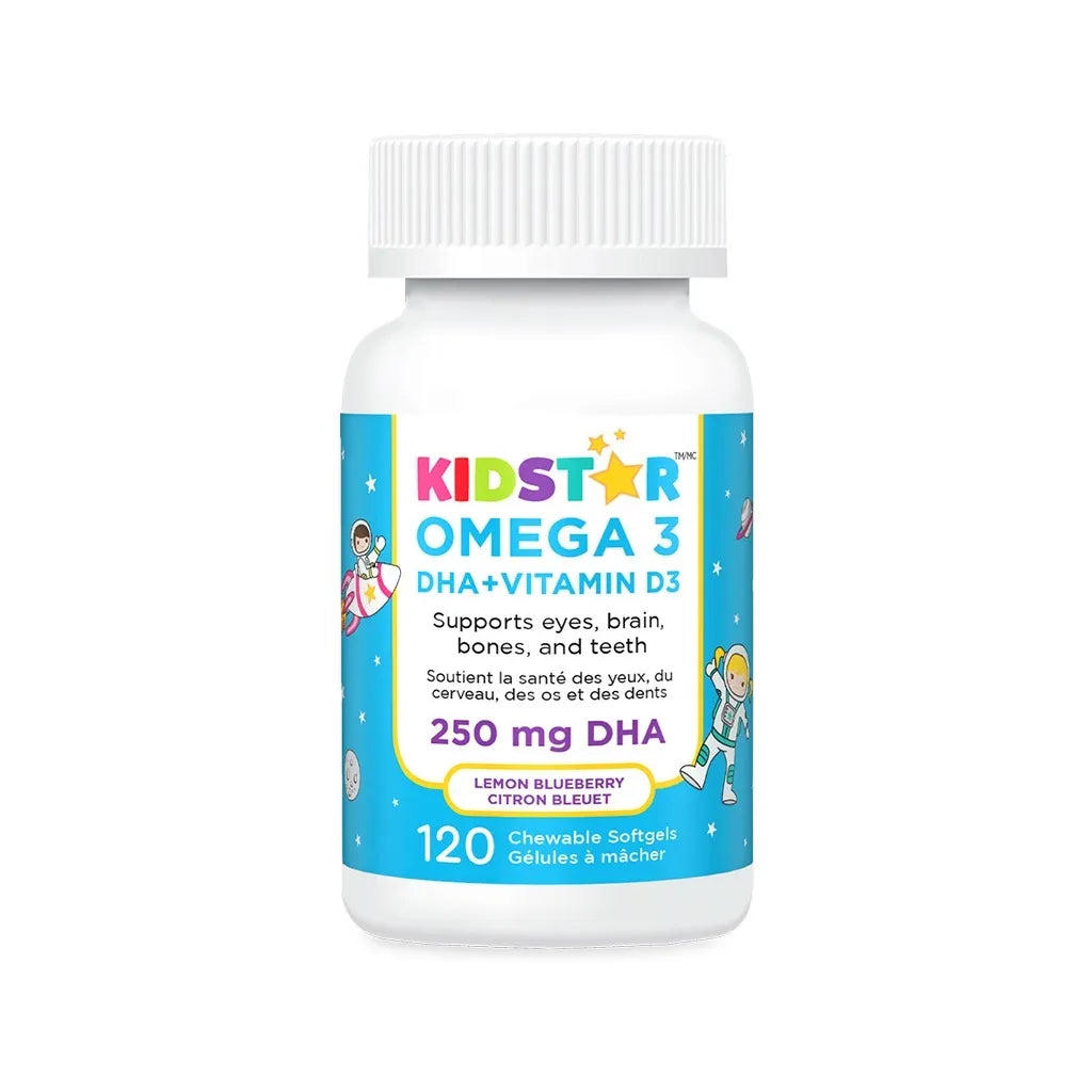 KidStar Omega 3 DHA+Vitamin D3 Lemon Blueberry 120 Chewable Softgels - Sugar Free and Non-GMO