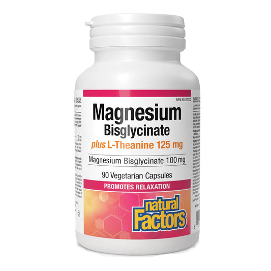 Natural Factors Magnesium Bisglycinate 100mg Plus L-Theanine 125mg 90 Veggie Caps - Vegan and Non-GMO