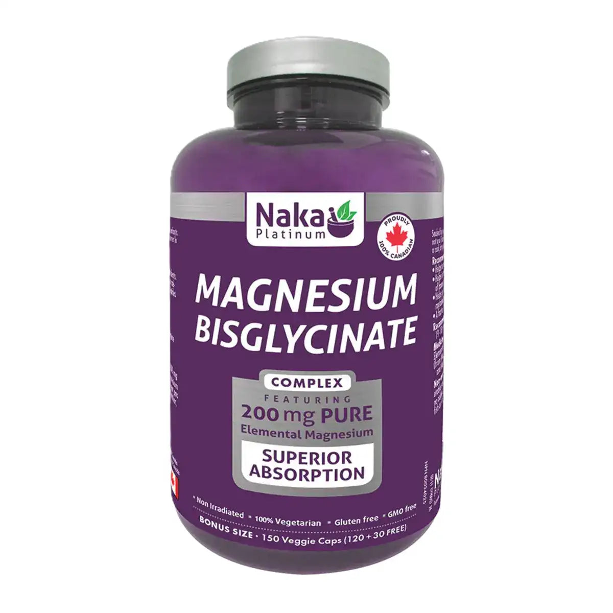 Naka Platinum Magnesium Bisglycinate 200mg 120+30 Veggie Caps - Non-GMO and Cruelty Free