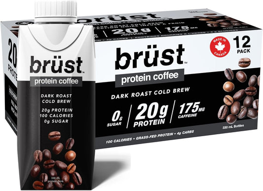 BRÜST PROTEIN COFFEE DARK ROAST - UNSWEETENED - 12 Pack (20g Protein, 175mg Caffeine, 100 Calories) Full Bodied, Rich, and Black, 330mL, Brust Cold Brew Iced